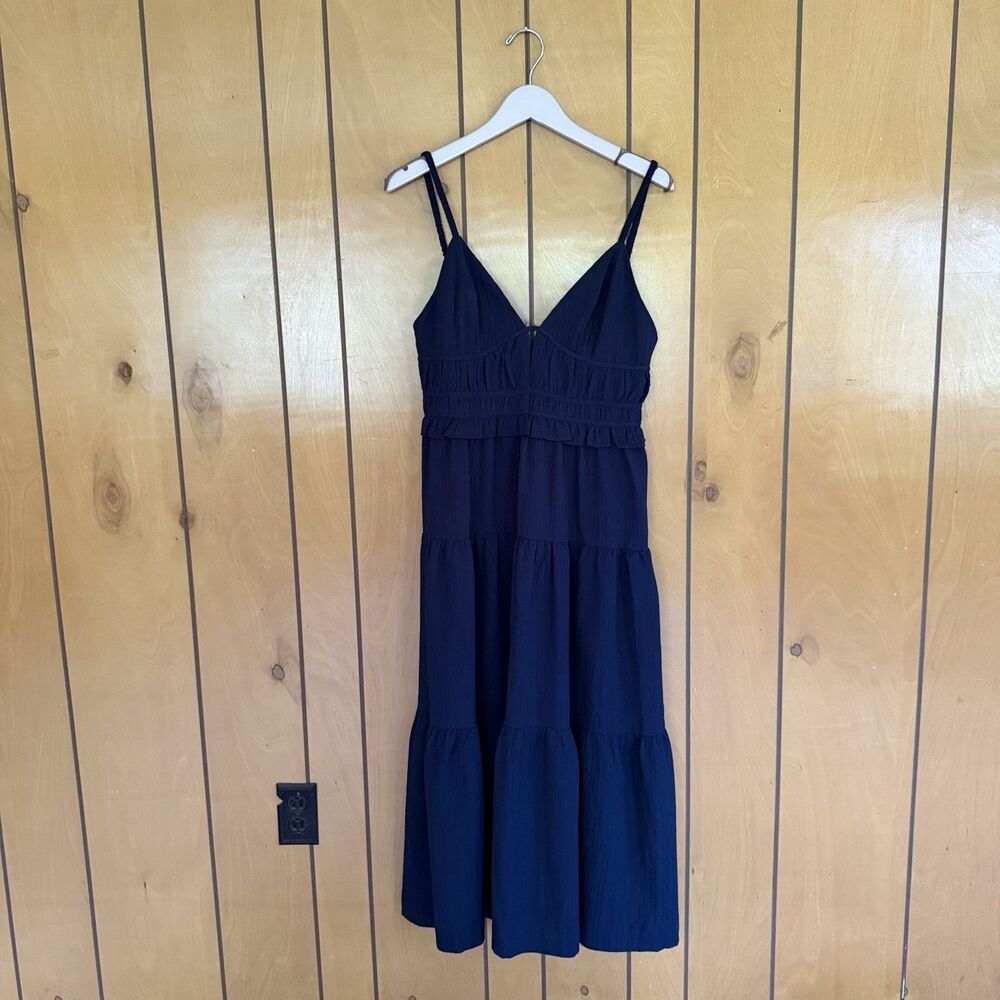 En Saison Women’s L Navy Blue Shirred Ruffle Tiered Maxi Dress Girly Feminine
